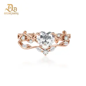 Delzzad 1.4ct Floral Nest Heart Ring Vintage Heart Cut Engagement Ring Nature Inspired Leaf Branch Wedding Ring Set VVS Synthetic Moissanite Ring Jewelry S925 Band Perfect Birthday Engagement Wedding Anniversary Christmas Valentine's Day Mother's Day Gift