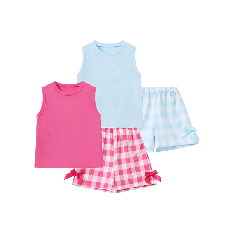 4-piece Girls' Summer Fresh Set: Sleeveless Vest and Bow Checkered Shorts Casual Versatile Outfit Clothing Clothes Gift Set