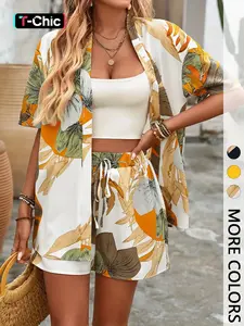 Women's Summer Random Print Short Sleeve Loose Shirt Shorts Set, Elegant Casual Boho Style (no Tank Top Included), 2 Piece Outfit