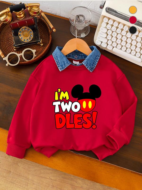 Mickey Two-Year-Old Cute Memorial Boys' Sweatshirt, Mickey Elements with 'i'm Two Dles!' Text, Casual Long Sleeve Fitted Style Mickey Two-Year-Old Cute Memorial Boys' Sweatshirt, Mickey Elements with 'i'm Two Dles!' Text, Casual Long Sleeve Fitted Style