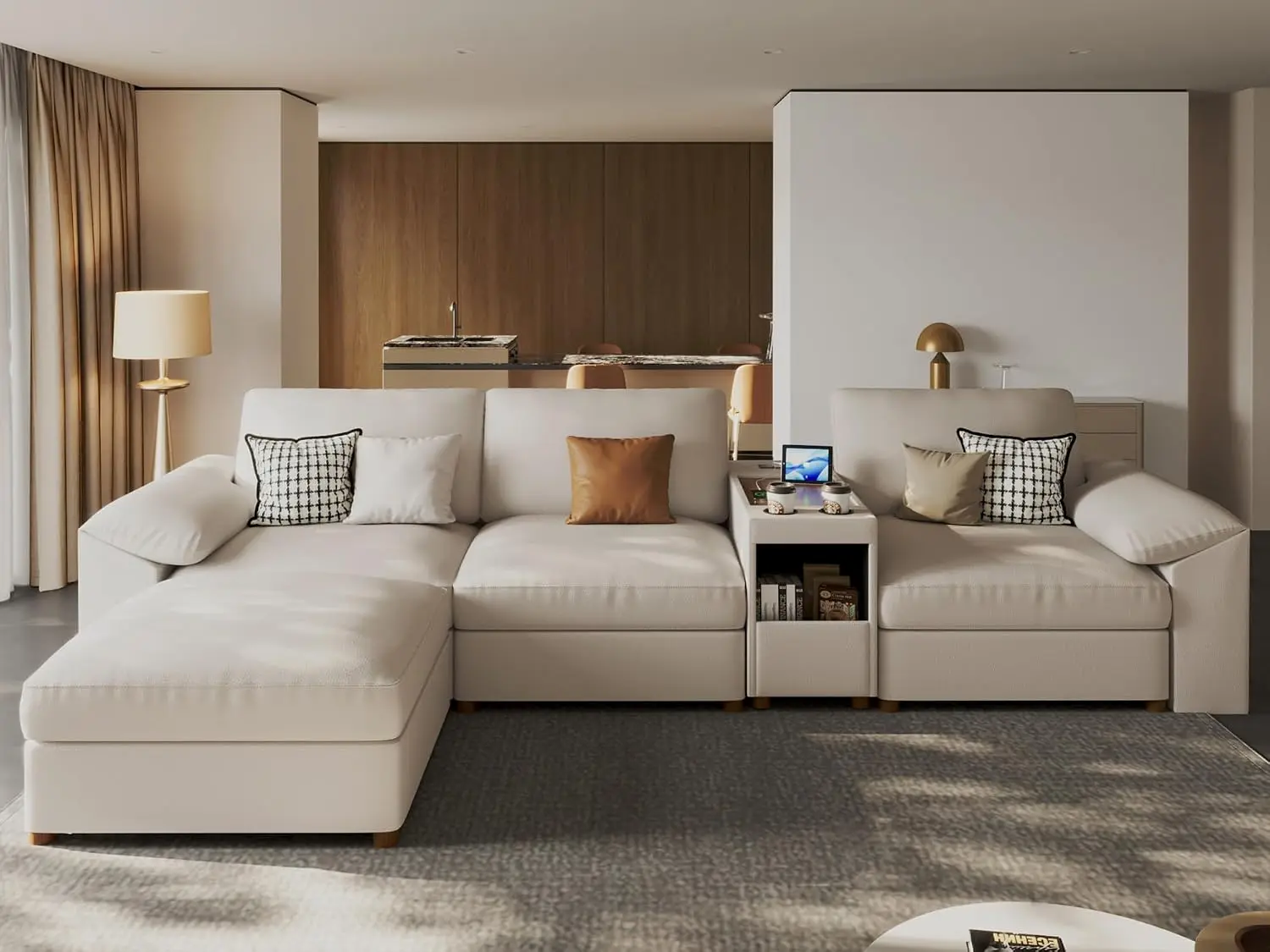 HGRFJ Leather Sectional Couch with Console, Oversized Modular Sectional Sofas, Wide Deep Seat Modular Couch, Scratch Resistant Faux Leather Material, L Shaped Sofa for Big Spaces,Beige