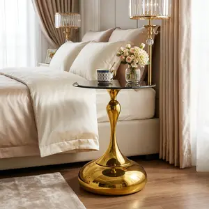 Luxury Round End Table with Gold Metal Base Small Black Glass Top Side Table for Living Room Circle Coffee Tables for Tea and Drink Little Martini Table Glass for Living Room Tables Balcony Couch Office Cute Gold Accents