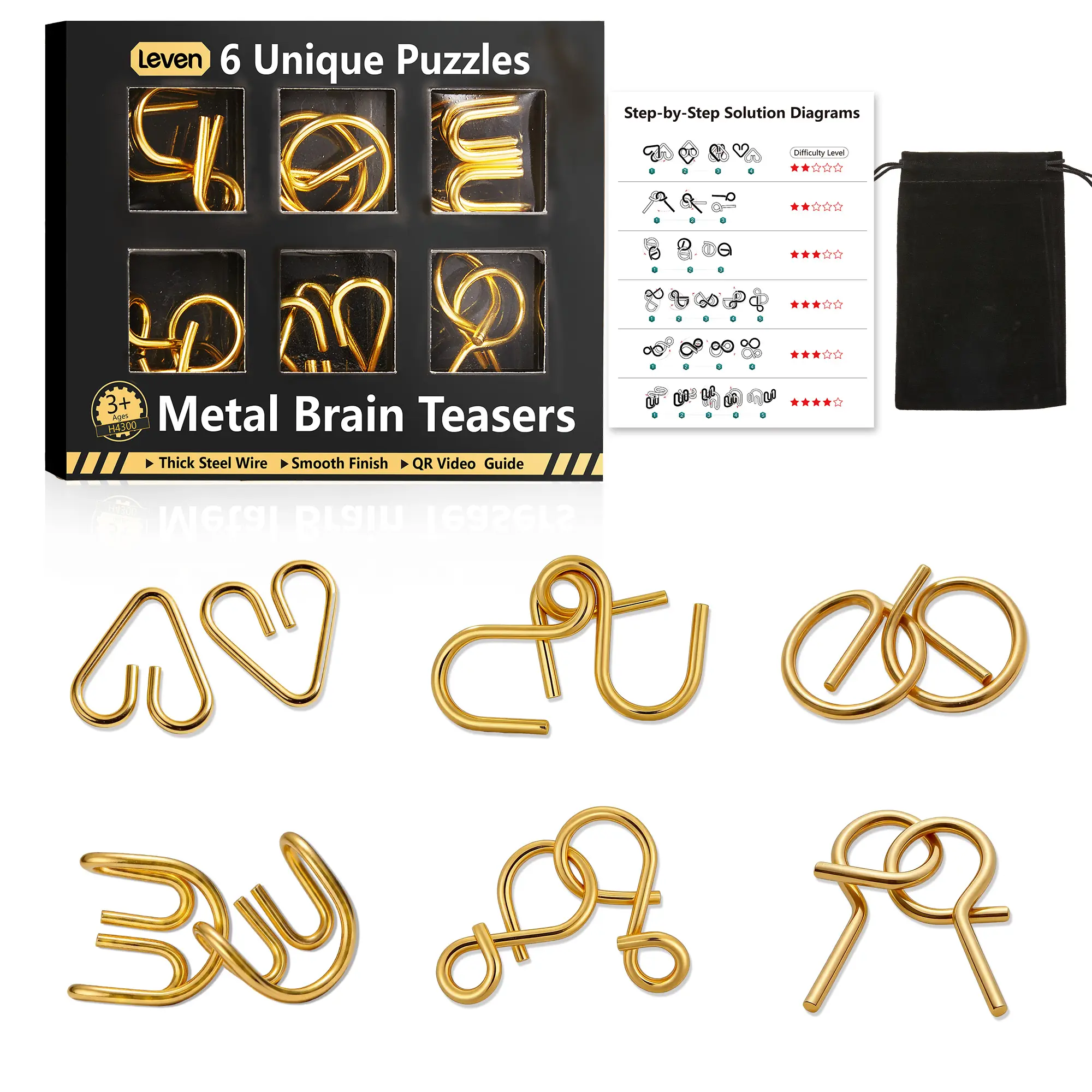 Leven Unisex Chinese Ring Puzzle Set - 6 Gold Metal Rings, 4.3mm Thick Smooth Gold Wire, Durable IQ Disentanglement Brain Teaser, All Skill Levels, Travel-Friendly Learning Tool, Safe Hand Feel, Black Storage Pouch, Gift-Ready Premium Box, 12+ Years