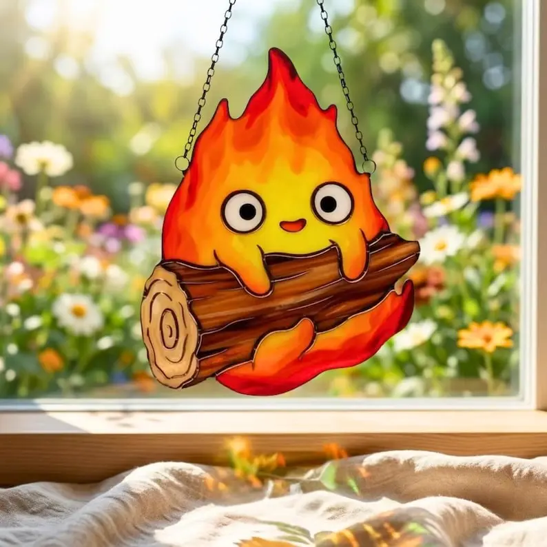 Calcifer Acrylic Suncatcher, Howl's Moving Castle Faux Stained Glass Window Hanging, Fire Demon, Halloween Decor, Summerween Gift