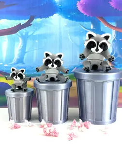 3pcs 3D Printed Racoon, Articulated Racoons with Trash Can, 3D Printed Gray and Black Raccoon, Trash Panda, Articulated Racoon Fidget Toy AR001-SET