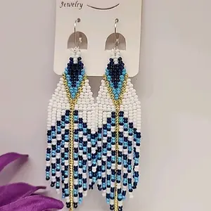 Beaded Earrings with Blue and White Beads, Dangle Design, Ideal for All Seasons