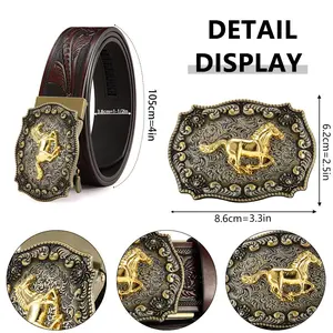 Male Heavy Duty Automatic Buckle Belt - Classic Wild West Inspired, Premium Leather Crafted, Antiqued Silver Hardware, Gilded Horse Relief, Floral Emboss, Durable Western Wear for Gentlemen Holiday Gifting