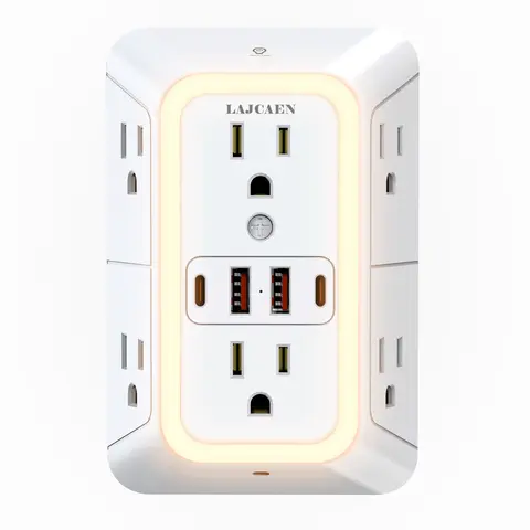 Surge Protector Socket - Rectangle 3-Sided Extension with 6 Adapter-Spaced Outlets (Frees Up Main Socket), 4 USB Ports (2 USB-C), 110-240V Touch-Bright Light, Wall Plug-In for Bedroom Use