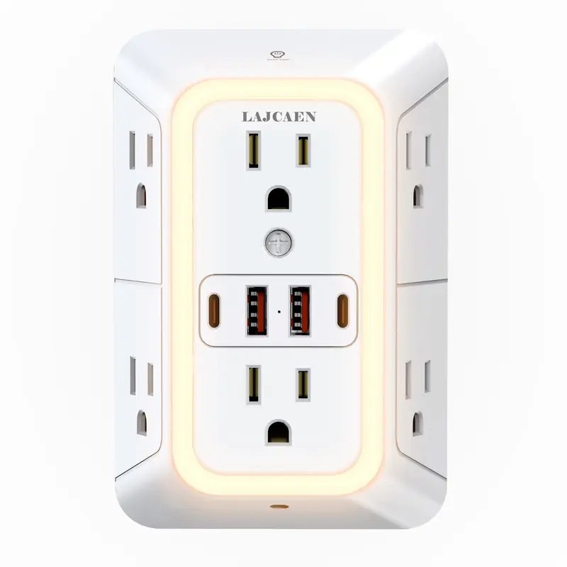 Surge Protector Socket - Rectangle 3-Sided Extension with 6 Adapter-Spaced Outlets (Frees Up Main Socket), 4 USB Ports (2 USB-C), 110-240V Touch-Bright Light, Wall Plug-In for Bedroom Use