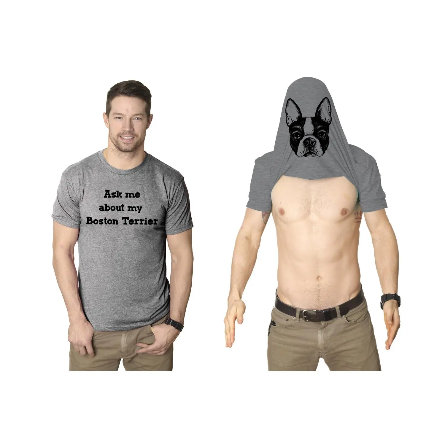 Mens Ask Me About My Boston Terrier T Shirt Funny Dog Owner Flip Up Tee Mens Funny T Shirts Cool Vintage Fashion T-Shirt Gift Classic Menswear Flip Apparel for Men Funny Dog Short Sleeve Novelty Tees for Guys Light Grey