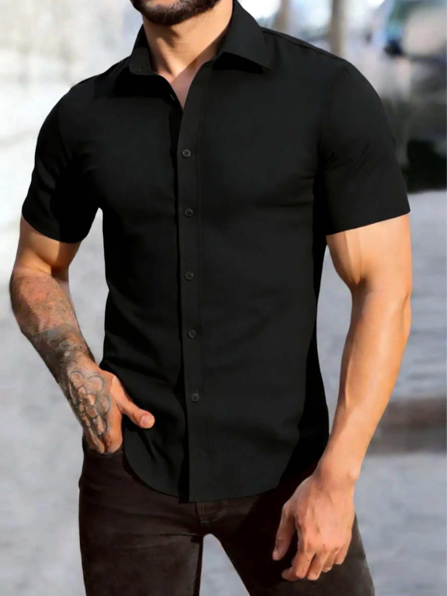 Men's Solid Regular Fit Short Sleeve Business Casual Shirt, Lightweight and Wrinkle-Free for Summer, Menswear, Shortsleeve, Fabric, Plain, Top, Polyester, Half Sleeve, Casual Ootd, Wardrobe Staples, Tops