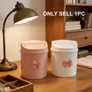 Bows Decorative Desktop Trash Bin, Plastic Rotating Top Mini Tabletop Waste Basket, Non-Electric Cylindrical Garbage Can for Home Office Kitchen Bathroom Bedroom Vanity