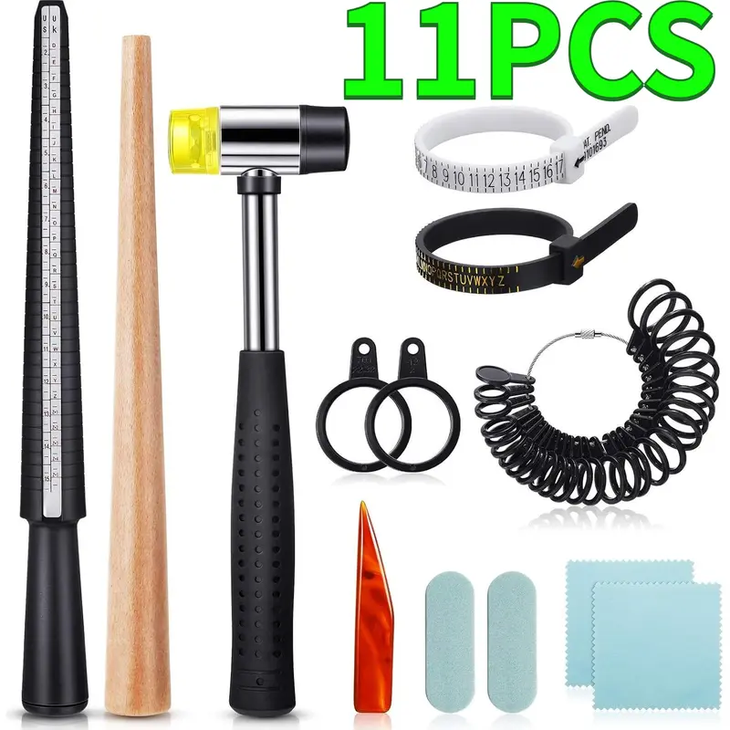 11PCS Basic Jewelry Making Tool Kit for Beginners & DIY Lovers - Rubber Hammer, 0-13 Ring Sizes with Half Sizes, Accurate Finger Measuring Tool, Metal Measurements, High Luster Burnishing Cloth (Home Improvement)