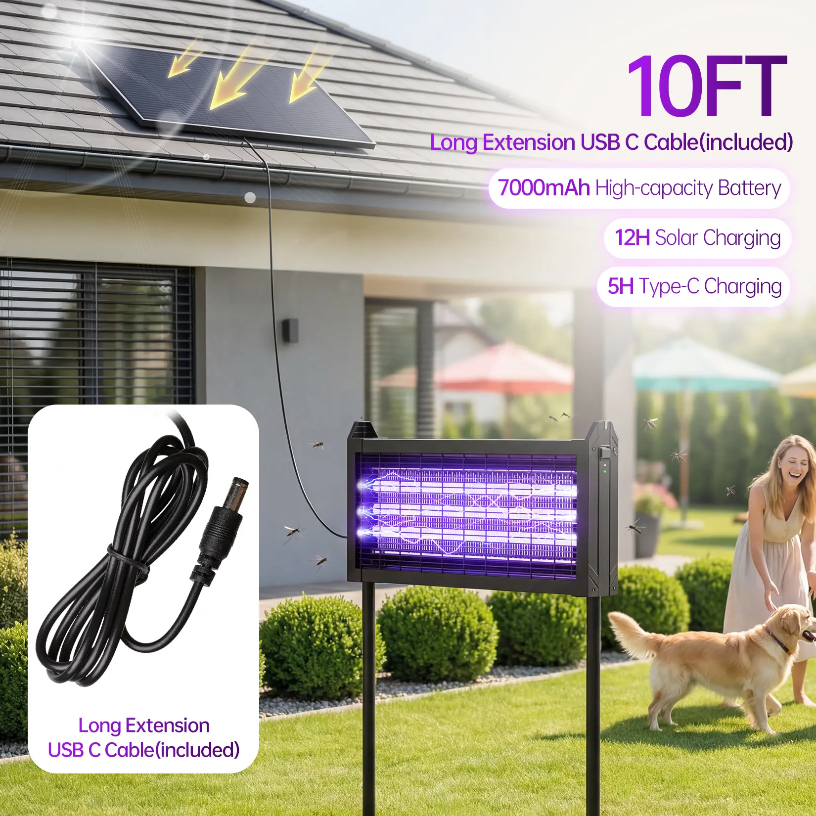 Outdoor Bug Zapper｜4500V High Voltage, 4000mAh Rechargeable, Auto‑Sensor Mosquito Trap with 10FT Cable for Yard Garden & Indoor Use