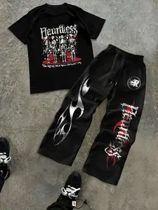 Men's Loose Fit Heartless Skull Two-Piece Set, Flame Print Wide Leg Pants & Gothic Skull Tee, Dark Aesthetic Street Style