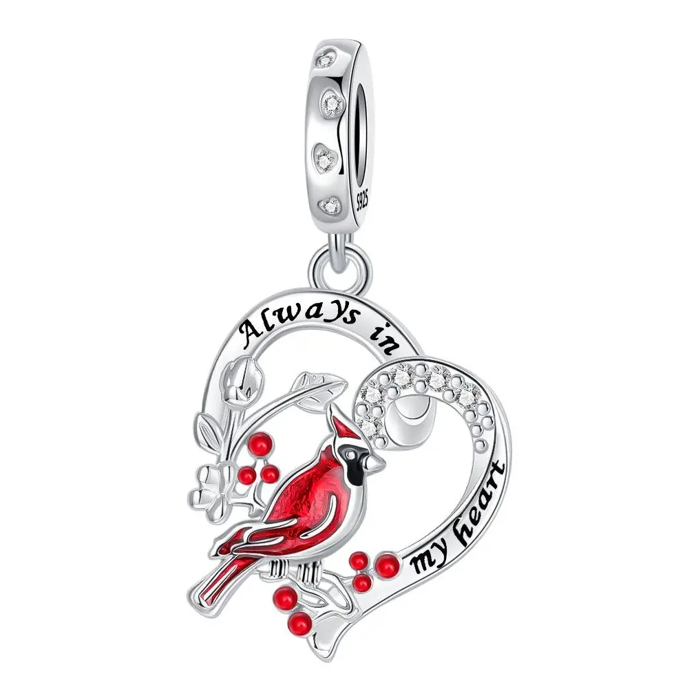 Red Cardinal Heart Memorial Charm, 925 Sterling Silver, Engraved Message, Red Enamel Details, Memorial Keepsakes & Bereavement Gifts, Red & Silver Bracelets, DIY Women’s Jewelry