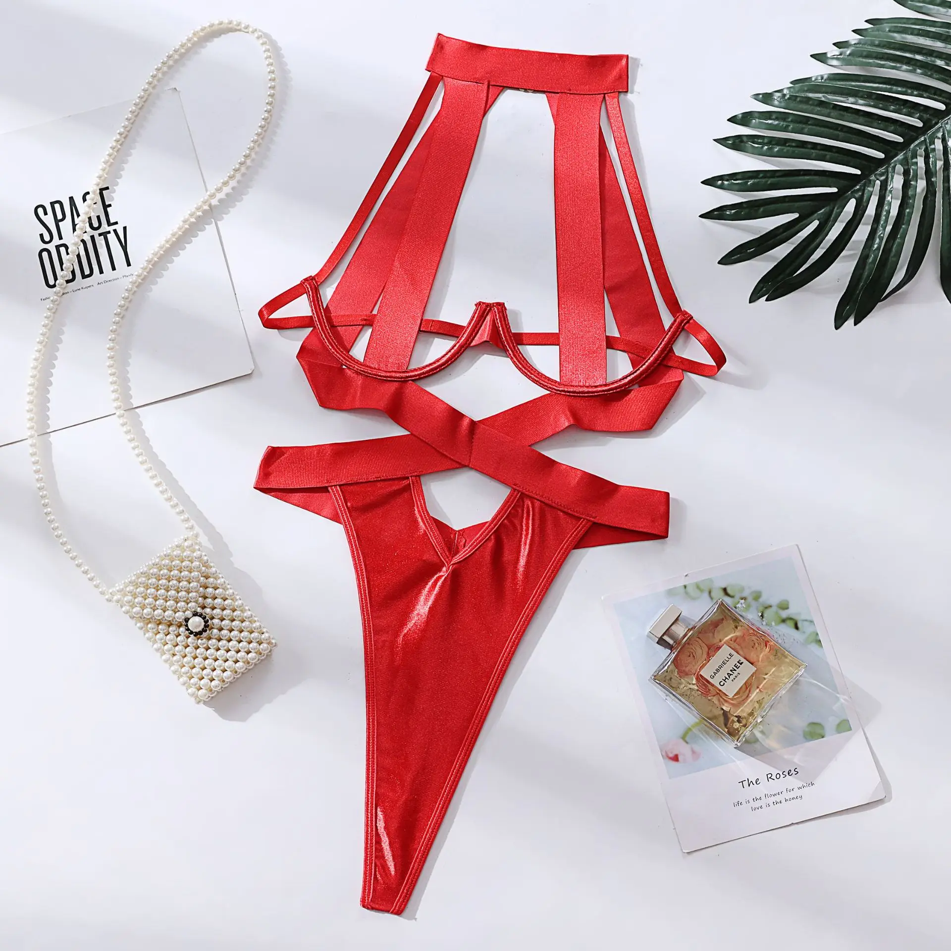 Strappy Cutout Harness Lingerie Bodysuit – Open Cage One-Piece for Nightwear & Special Occasions Womenswear Comfortable Basic Polyester Push Try Classic Sexy Aesthetic Elegance