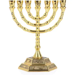12 Tribes of Israel Jerusalem Temple Menorah,7 Branch Hexagonal Base Jewish Candle Holder, Holy Land Gift (Menorah)