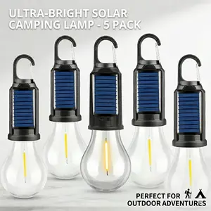 Solar Rechargeable Camping Tent Light, IPX4 Waterproof, Tungsten Filament Outdoor Emergency Light, Household Tungsten Filament Warm Light With Hook, Suitable For Outdoor Parties, Camping, Holiday Decorations, Anniversaries (5 Packs)