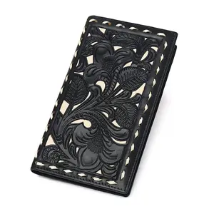 Vintage Western Full Grain Leather Wallet Genuine Leather Long Floral Emboss Checkbook Wallet For Women Bifold Wallet with id Window