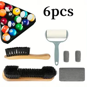 Pool Table & Rail Brush 5 Set, Billiard Felt Cleaner Accessories with 2 Wooden Brushes, Cue Cleaning Cloth, Ferrule Polish Cloth & Sticky Lint Roller