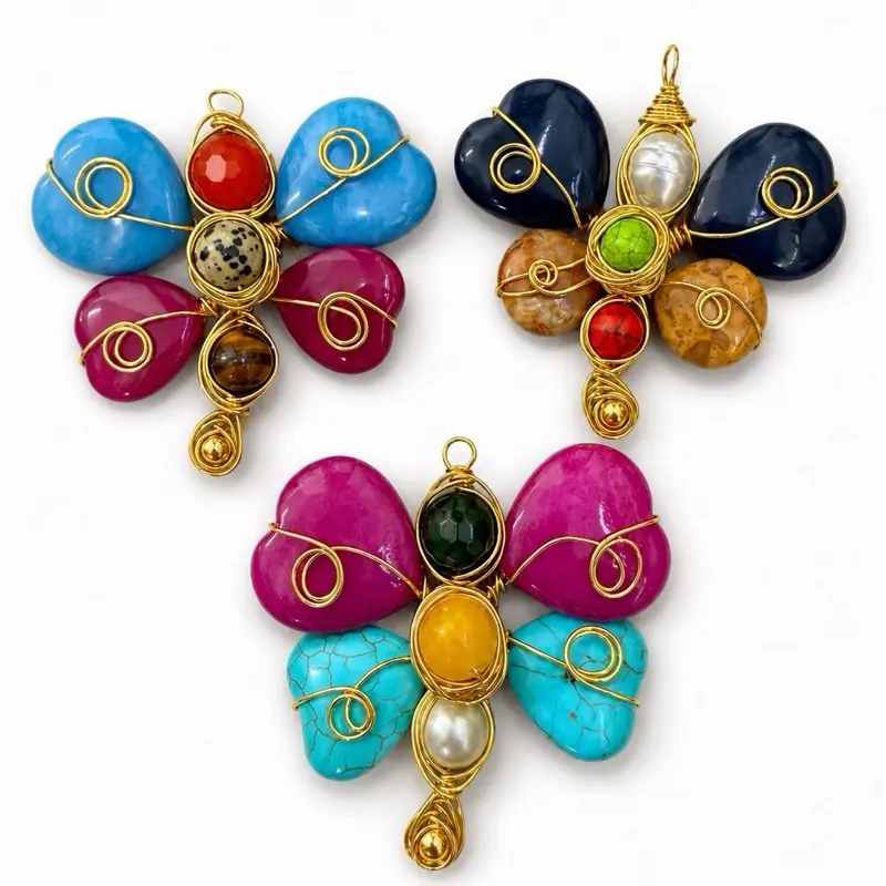 Maite Jewelry                                                ALAS DE AGATAS Pendants - Colorful Agate Butterfly Charms with Gold Wire and Pearl Accents