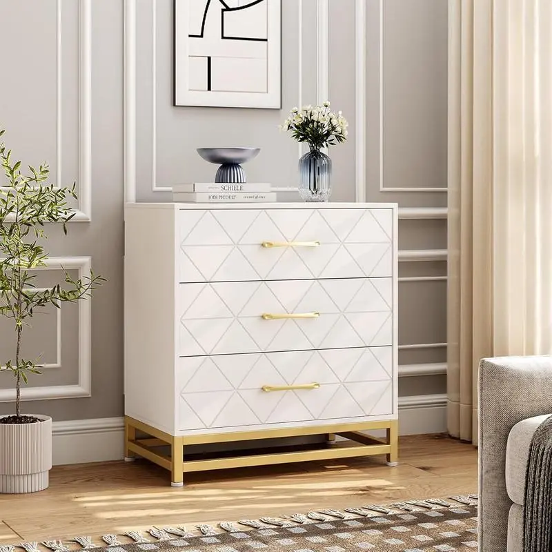 Gaomon White 3-Drawer MDF Wood Dresser with Metal Legs, Sliding Drawers, Gold Handles, Concave Panels - Storage Chest, Easy-Assembly Modern Minimal Organizer for Bedroom, Closet