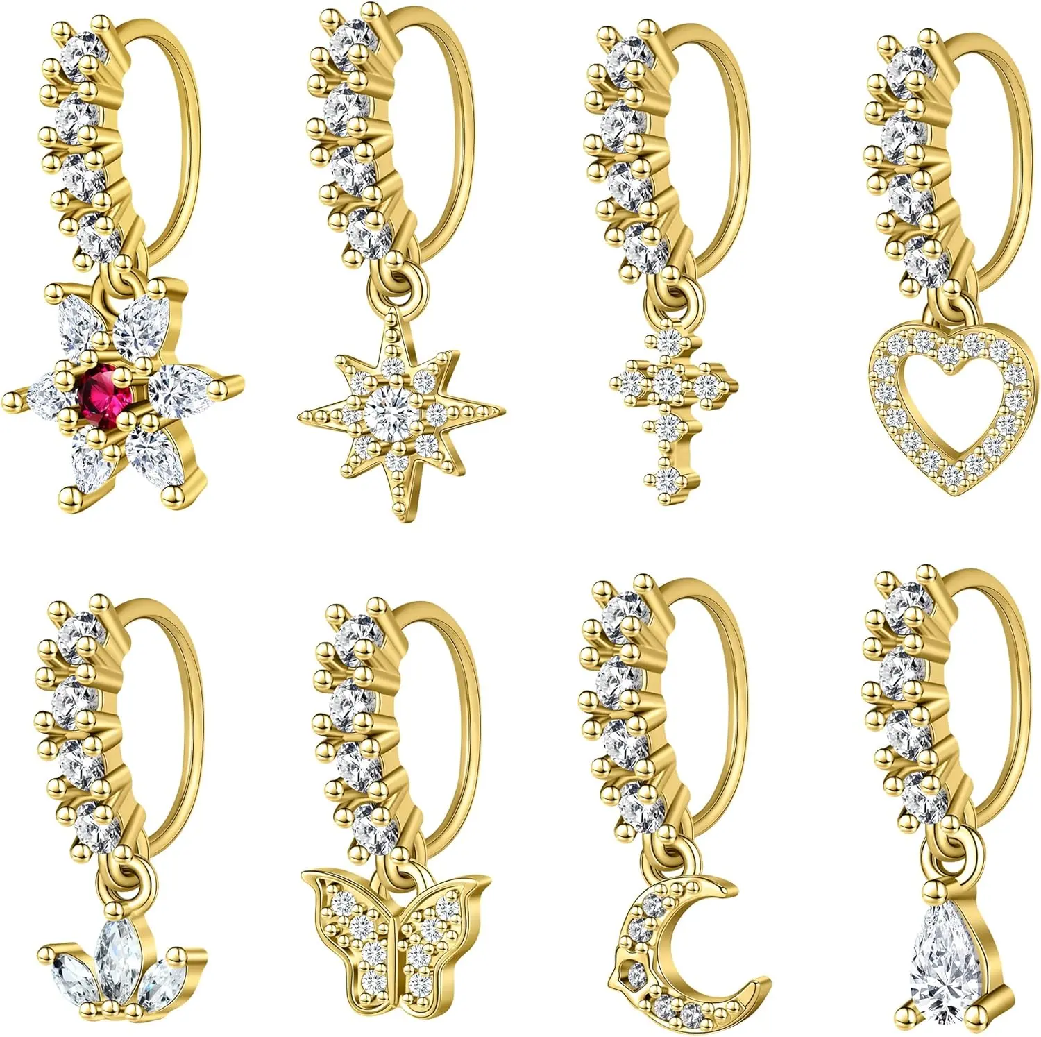 Dangle Nose Rings Hoop for Women Septum Nose Piercing  Cartilage Earring CZ Flower Leaf  Butterfly Daith Tragus Helix Lip Piercing,   Rose