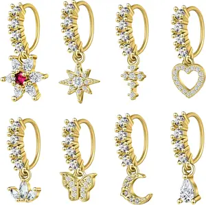 Dangle Nose Rings Hoop for Women Septum Nose Piercing  Cartilage Earring CZ Flower Leaf  Butterfly Daith Tragus Helix Lip Piercing,   Rose