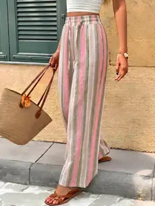 Women's Vertical Striped Wide Leg Pants, Ladies High Waist Drawstring Loose Trousers, Casual Striped Summer Long Pants, Boho Beach Wear Flowy Bottoms, Lightweight Striped Slacks, Bohemian Bottoms, Casual Fashion Bottoms