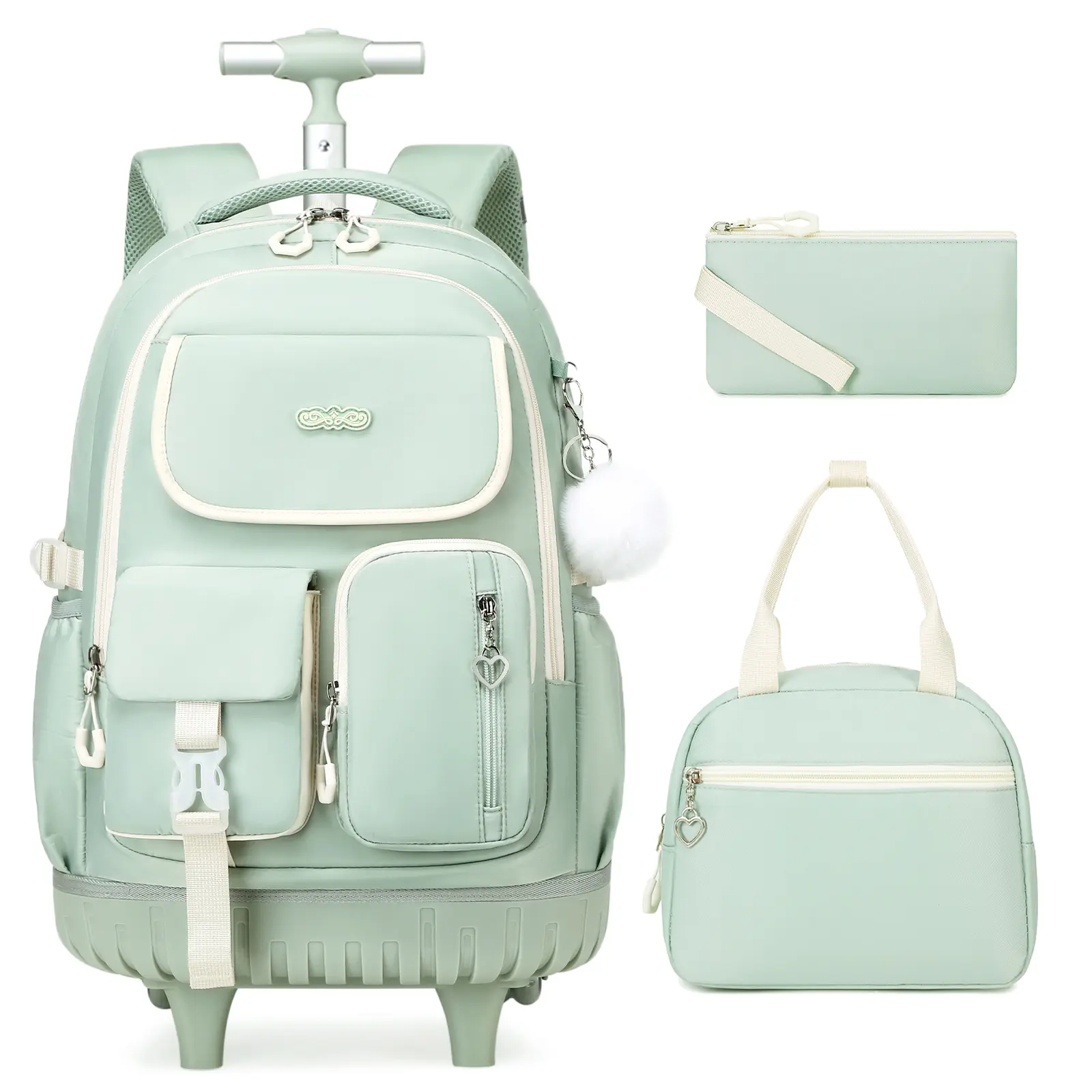 SIMILOVE Kawaii Backpack 3-in-1 Girls' Rolling Set (3PCS) - Childrens Bag, Desk-fit Folded, Tearproof Fabric, Retractable Wheels, Built-in Org., Lunch Bag, Pencil Case, L12.2in x W7in x H17.7in for Elementary Students,sohochic