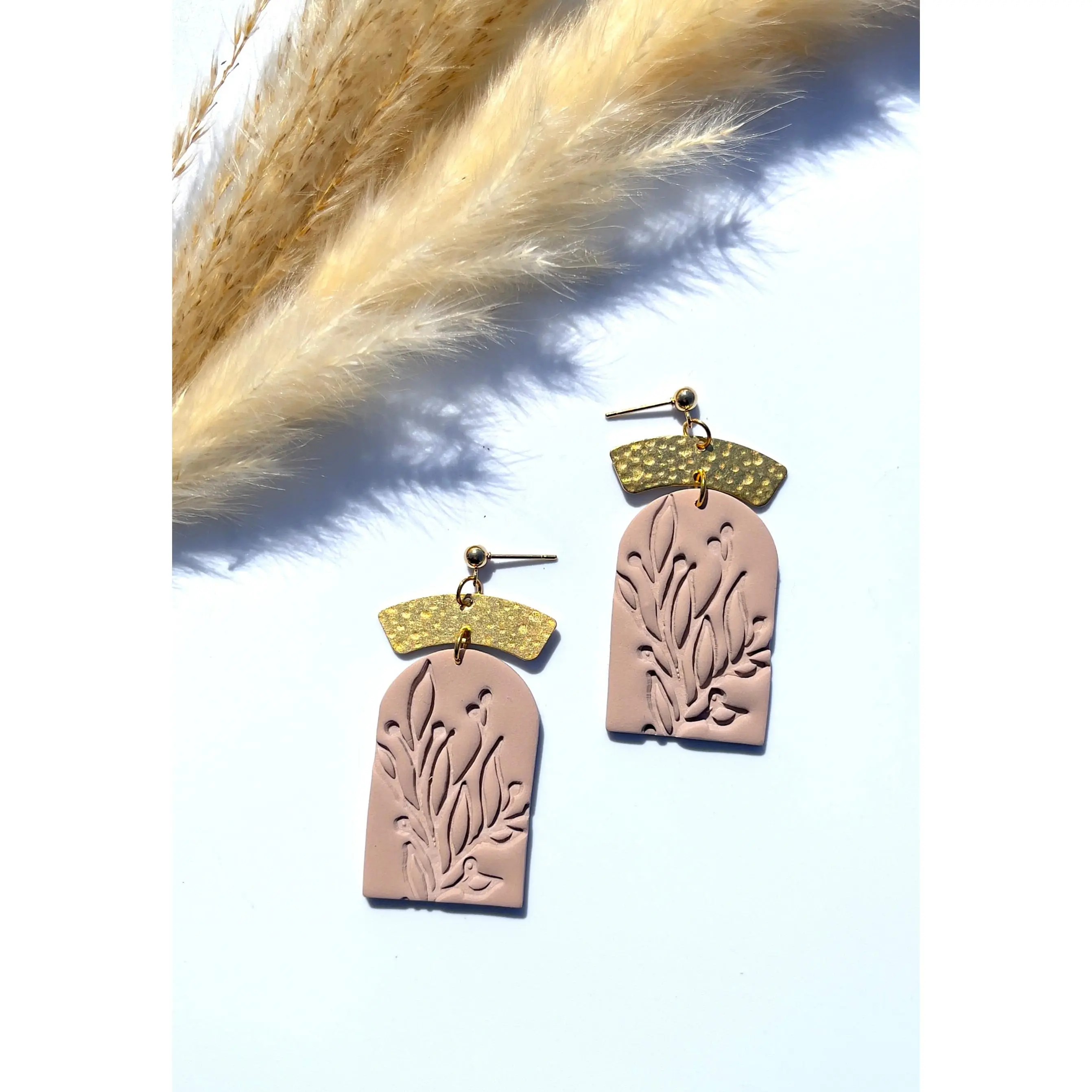 Leaf Printed Beige Dangle Earrings