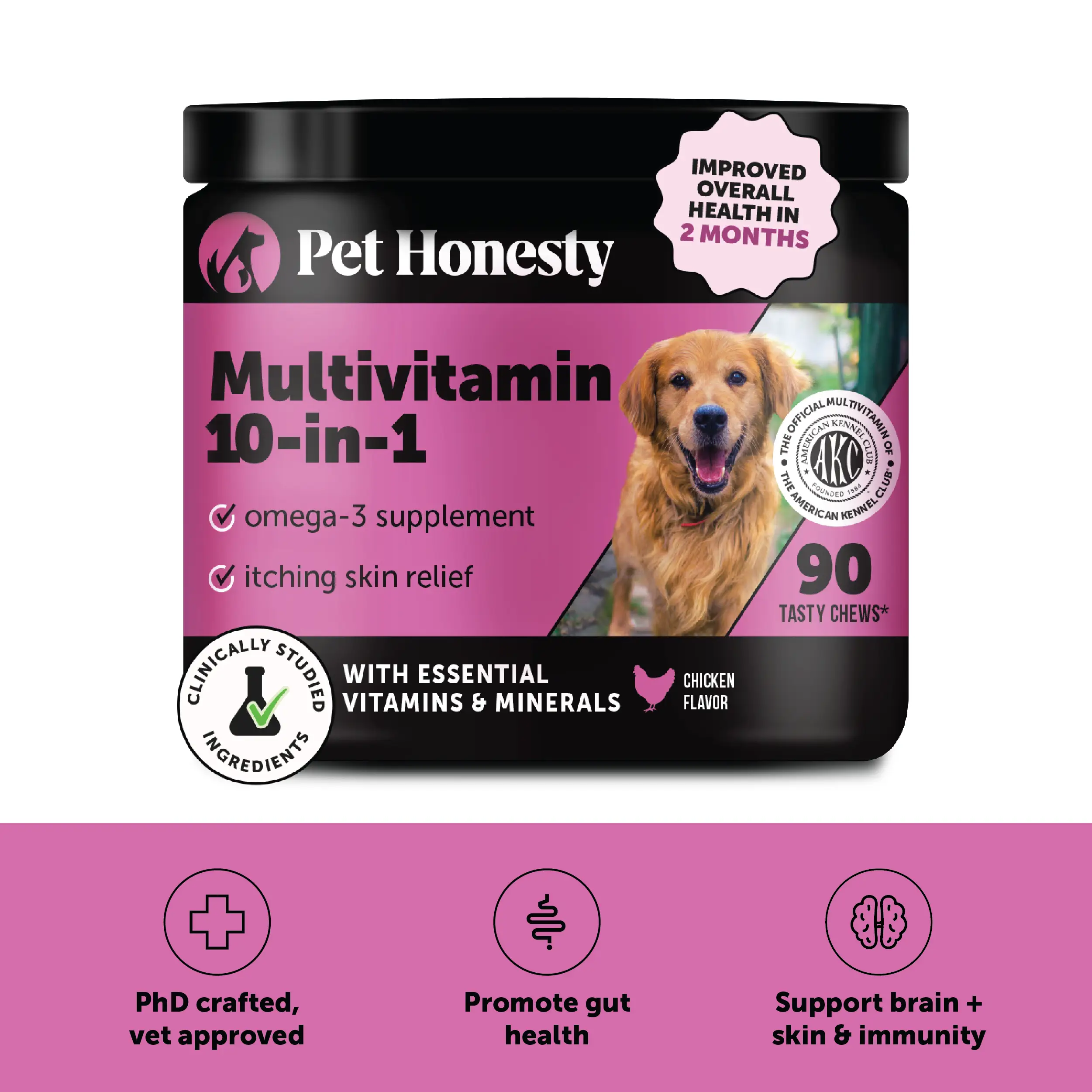 Pet Honesty Multivitamin 10-in-1 Daily Chews with Glucosamine, Omegas, and Probiotics for Dogs - Chicken Flavor Supplements for Dogs