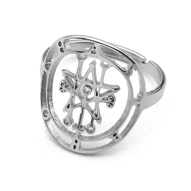 Unisex Stainless Steel Astaroth Demon Seal Key of Solomon Satan Ring - Black Hollow Seal, Baphomet Motif, Adjustable Fit, Party Wear, New Arrivals, Boy Friend Gift, Anniversary Gift, Prom Costume Jewelry, Resizing