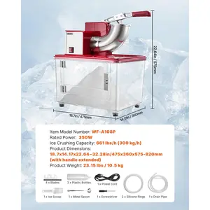 VEVOR Commercial Ice Crusher 661LBS/H, 350W Electric Snow Cone Machine with 4 Blades, 2000RPM Stainless Steel Shaved Ice Machine with 11 Gal Crushed-Ice Box, for Family Restaurants Bars, Red
