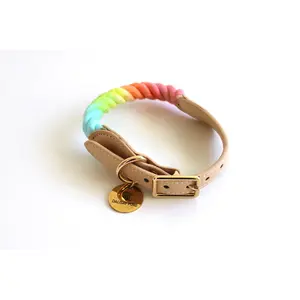 Rainbow Cotton Rope Buckle Dog Collar Soft Breathable & Skin Friendly Reinforced Thread Hand Dyed Easy Leash Connection Dog Accessory