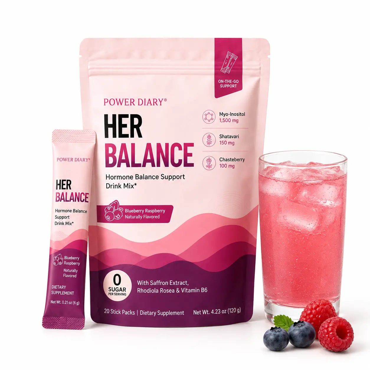 Women's Hormonal Support Sugar-Free Drink Stick - 20 Travel Packets Daily Supplement Pack, FDA Registered Dietary Nutrition Supplement with Shatavari, Myo-Inositol, Rhodiola Rosea, Saffron, Magnesium, Vitamin B6
