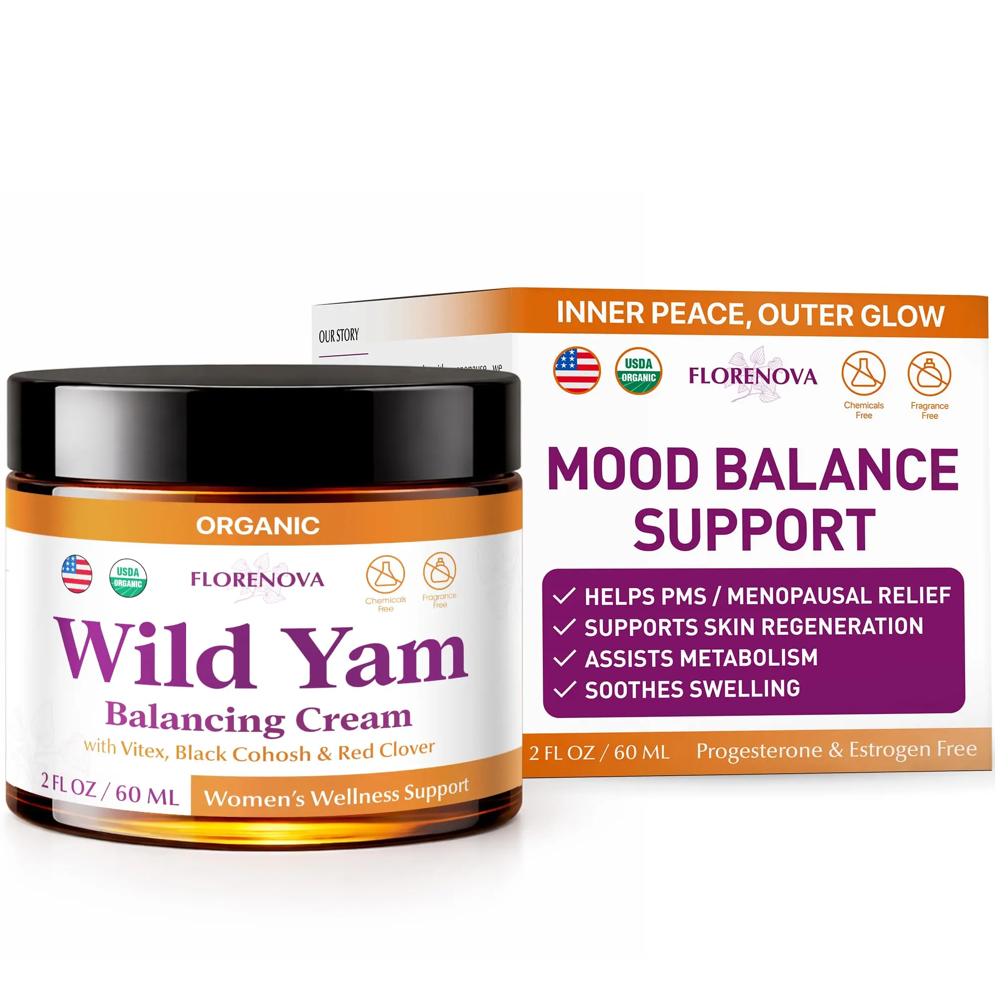 Florenova Wild Yam Balancing Cream - Organic for Women's Midlife Wellness, Skin Nourishment & Emotional Stability, Black Cohosh, Vitex, Red Clover, Vitamins & Minerals - 2 Fl Oz