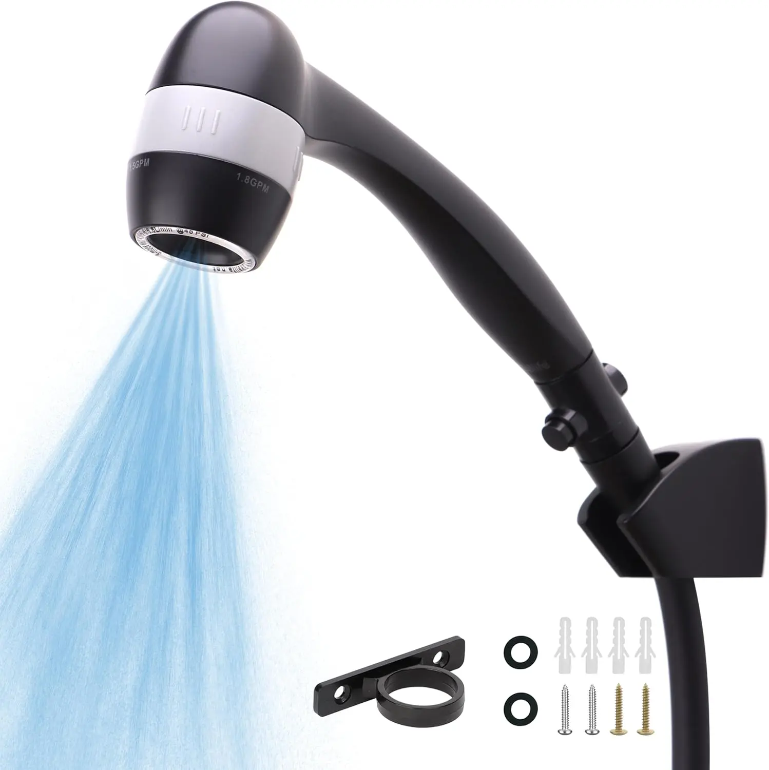 Matte Black High RV Shower Head with 60-Inch Customized Shower Hose Guide Ring, 3-Position Holder, 3 Flow Rate Modes, Water Pause, 1.1 Gpm & 1.8 Gpm Water-Saving Functionality