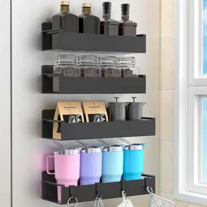 4 Pack Strong Magnetic Spice Rack Organizer for Refrigerator & Oven, Black No-Drilling Fridge Storage Shelves, Multipurpose Seasoning Organizer for Kitchen, Microwave and Home Accessories