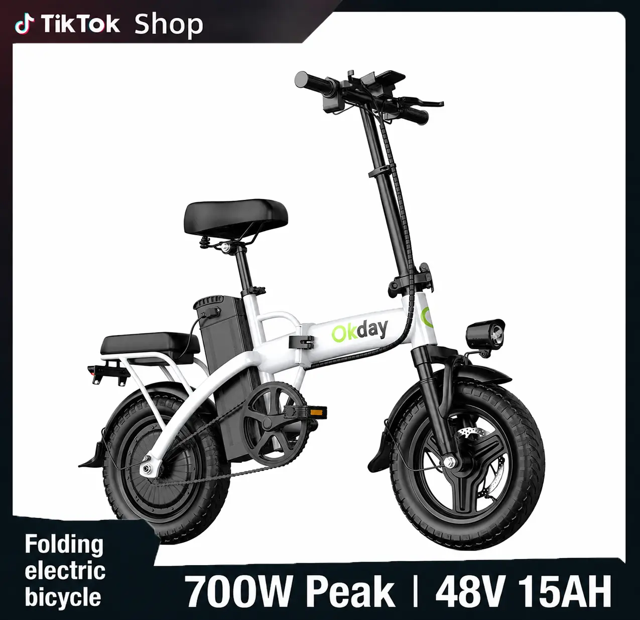 Okday K1 14-in Compact Folding Electric Bike - 480Wh Battery, Alloy Frame, Adjustable Seat, 330 lbs Load Capacity, 20 Mph Speed, 20-40 Mi Range, Front Headlight, Disc Brakes, Sturdy City Commutes Equipment for Active Lifestyle Dual Seat outdoor