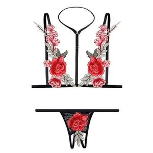 Floral Embroidery Lace  Set – Sheer Mesh Bralette & Thon lingerie Elegant Breathable