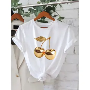 2026 Spring/Summer New Women'S Crew Neck Golden Cherry Print Casual T-Shirt| Fashionable Cool Short Sleeve for Summer,Fun Valentine's Day T-shirts – a top choice for personal enjoyment or as a gift for friends.