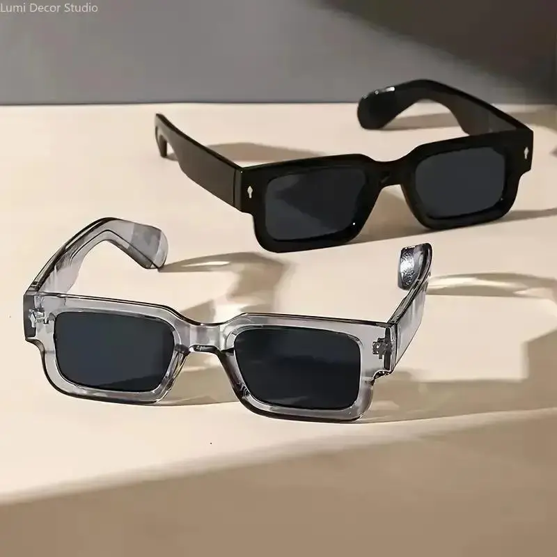 2Pcs Thick Rectangular Sunglasses for Men Women, Retro Chunky Frame Square Shades, Trendy Black and Clear Frame UV Protection Sun Glasses for Y2K Streetwear