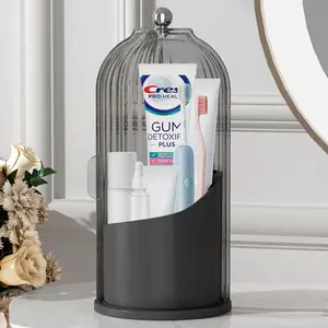 360 Rotating Toothbrush Holder with Lid, Clear Dustproof Makeup Organiser, Makeup Brush Holder for Vanity Bathroom Countertop, Transparent Brushes Container for Vanity, 1 Count