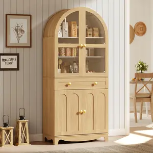 HOOBRO Arched Kitchen Pantry, 71" Tall Kitchen Pantry Cabinet with Drawer, Glass Door and Adjustable Shelves, Farmhouse Kitchen Storage Cabinet, for Living Room, Dining Room, Natural Bookcase#SpringSale #BigSpringSale