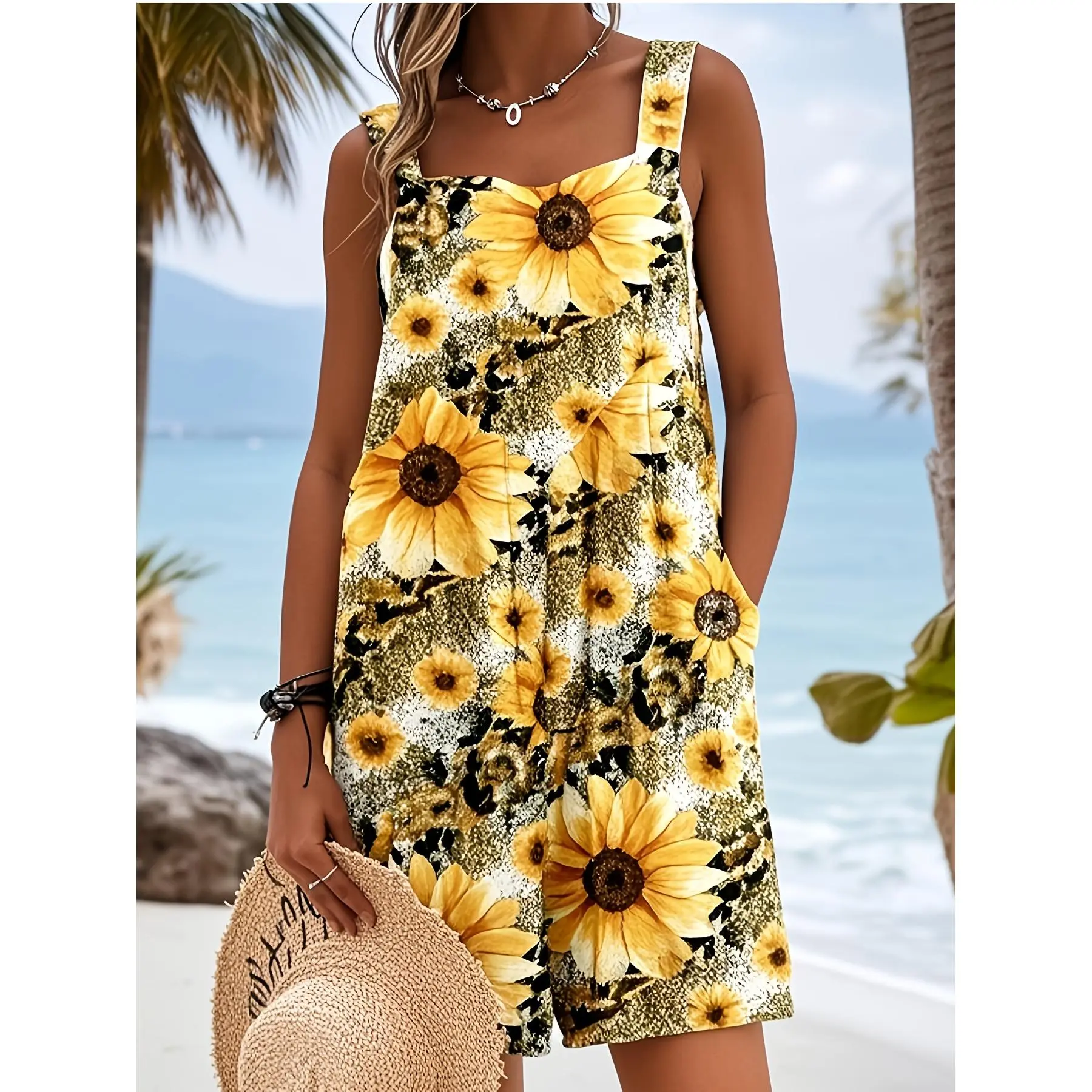Sleeveless Chic Sunflower Print Romper - Casual Polyester & Spandex Blend, Machine Washable, Adjustable Straps, Knee-Length Jumpsuit With Pockets For Women