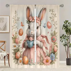2pc Easter bunny and egg print curtains, rod design, polyester material. A perfect gift for a friend, suitable for dormitories, bedrooms, living rooms, kitchens, dining rooms, studies, cafes, hotels, apartments, and other home decor, Window Curtain