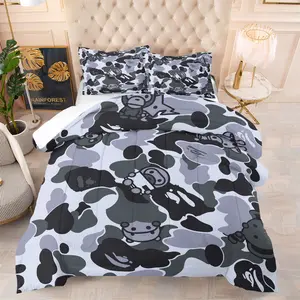 BAPE Mascot Print Comforter Set,1 Comforter and 1-2 Coreless Pillowcase.Adorable Cartoon Characters add a Lively and Fun Touch to the Camouflage Style, Making it Suitable for Decorating Boys and Teenagers Rooms