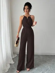Elegant Women's Solid Color Beaded Jumpsuit, Womenswear, Perfect for Parties and Formal Occasions, Sleeveless Design for Layering